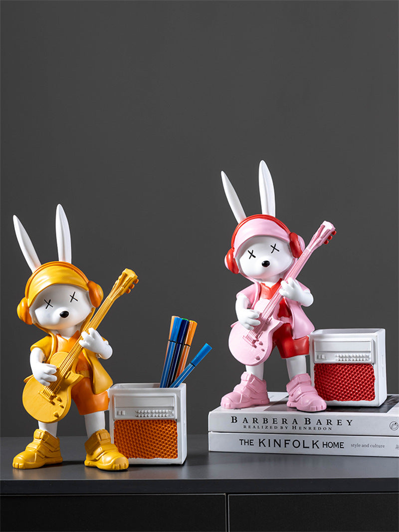 Rock Rabbit Figurine Pen Holder, Cute Desk Decor for Home,Office