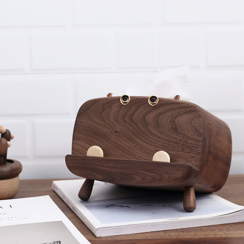 Walnut Wooden Hippo Tissue Box - Wood Tissue Holder & Phone Stand for Modern Home Decor