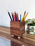 Wooden Pen Holder with Legs, Square Desk Organizer for Pencils, Markers & Office Supplies