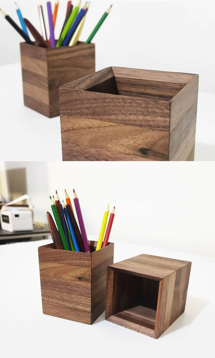 Wooden Pen Holder with Legs, Square Desk Organizer for Pencils, Markers & Office Supplies