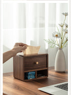Wooden Tissue Box and Storage Compartments, Multifunctional Desk Organizer