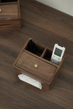 Wooden Tissue Box and Storage Compartments, Multifunctional Desk Organizer