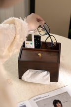 Wooden Tissue Box and Storage Compartments, Multifunctional Desk Organizer