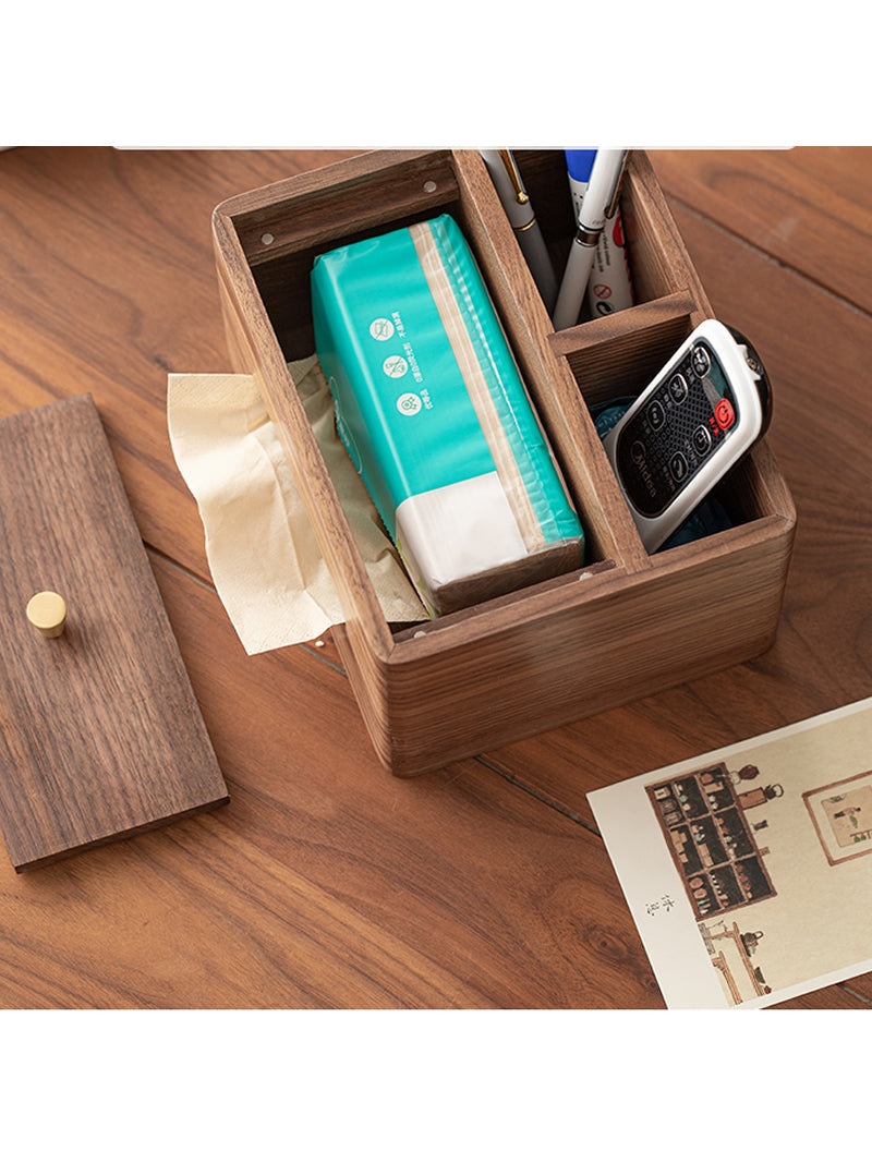 Wooden Tissue Box and Storage Compartments, Multifunctional Desk Organizer