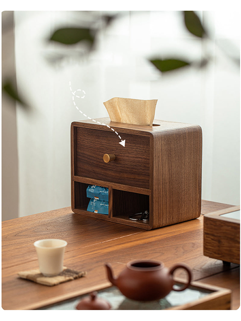 Wooden Tissue Box and Storage Compartments, Multifunctional Desk Organizer