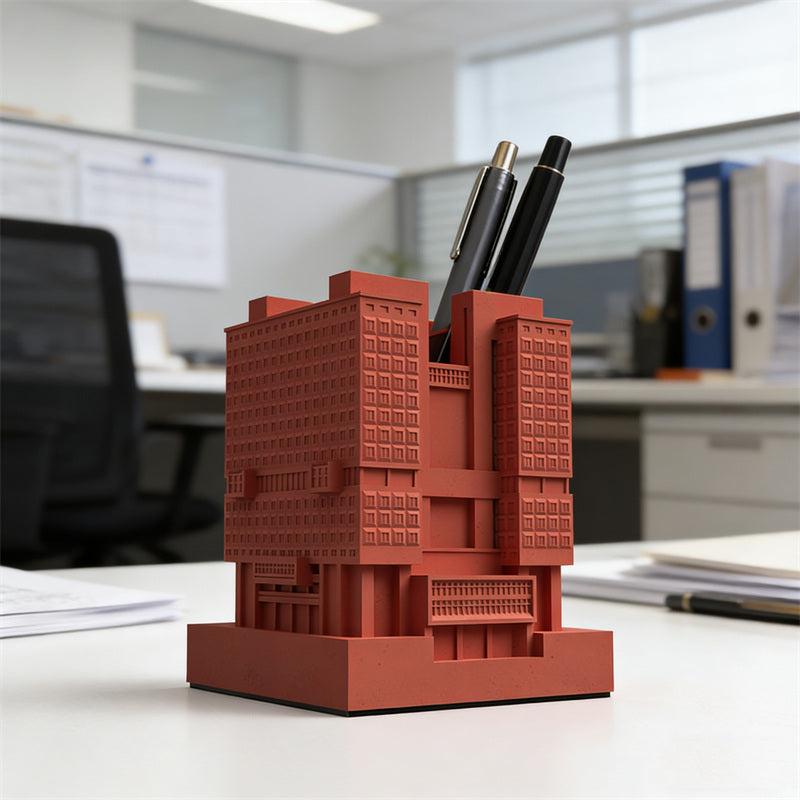 Architectural Building Pen Holder – Modern Office Desk Organizer in Gray & Red