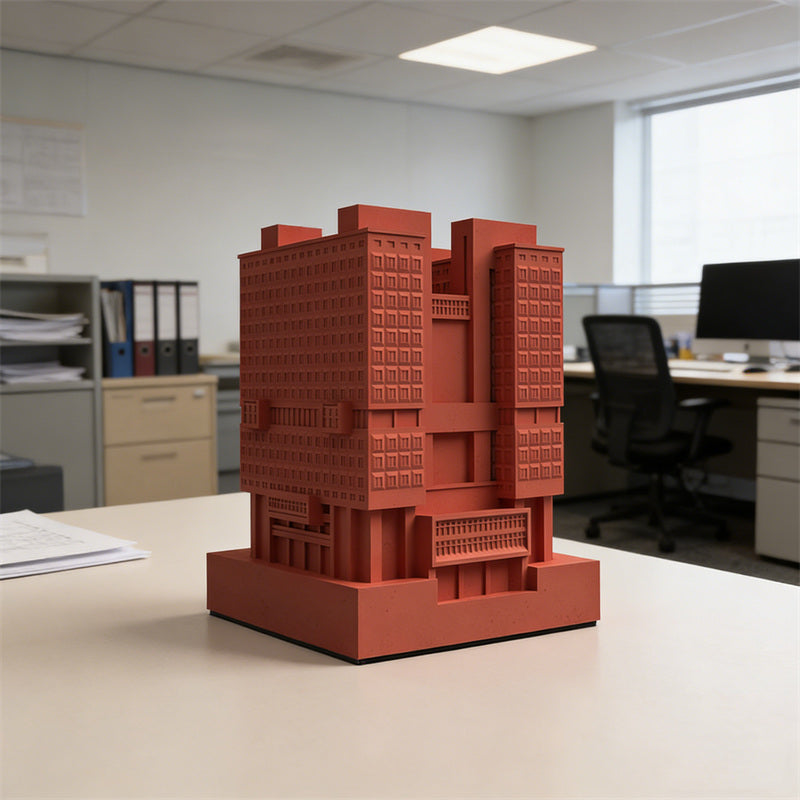 Architectural Building Pen Holder – Modern Office Desk Organizer in Gray & Red