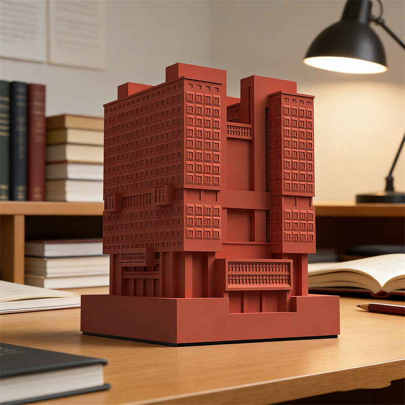 Architectural Building Pen Holder – Modern Office Desk Organizer in Gray & Red