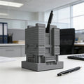 Architectural Building Pen Holder – Modern Office Desk Organizer in Gray & Red