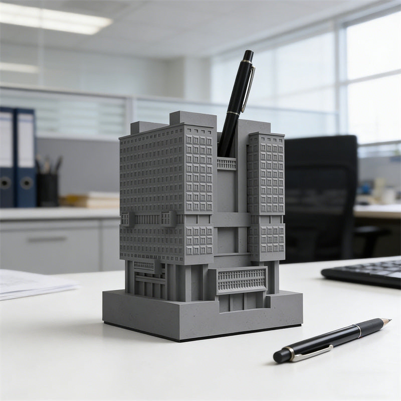 Architectural Building Pen Holder – Modern Office Desk Organizer in Gray & Red