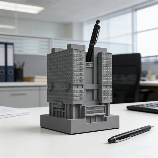 Architectural Building Pen Holder – Modern Office Desk Organizer in Gray & Red