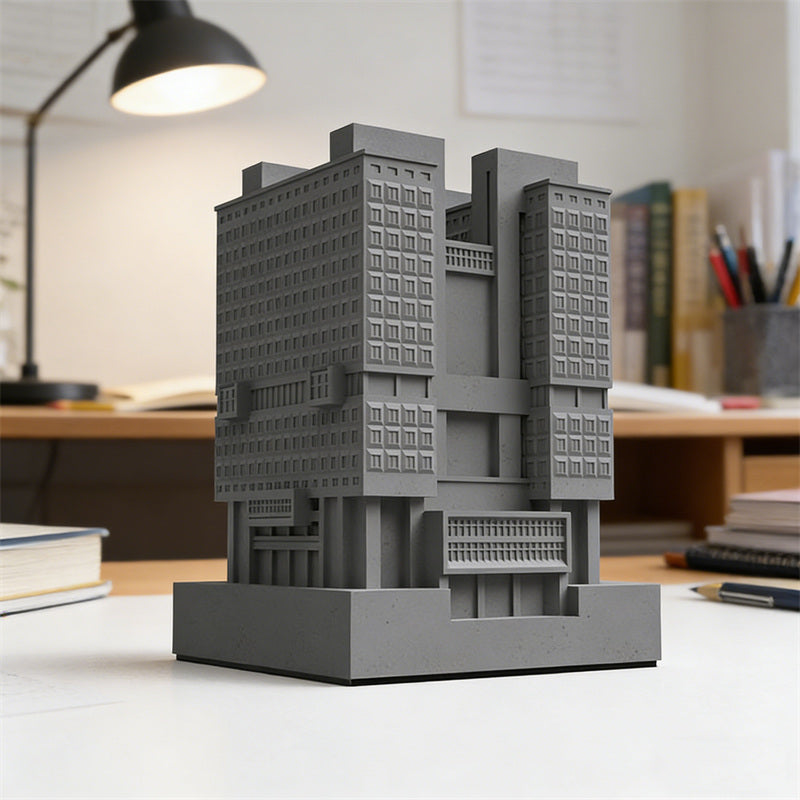 Architectural Building Pen Holder – Modern Office Desk Organizer in Gray & Red