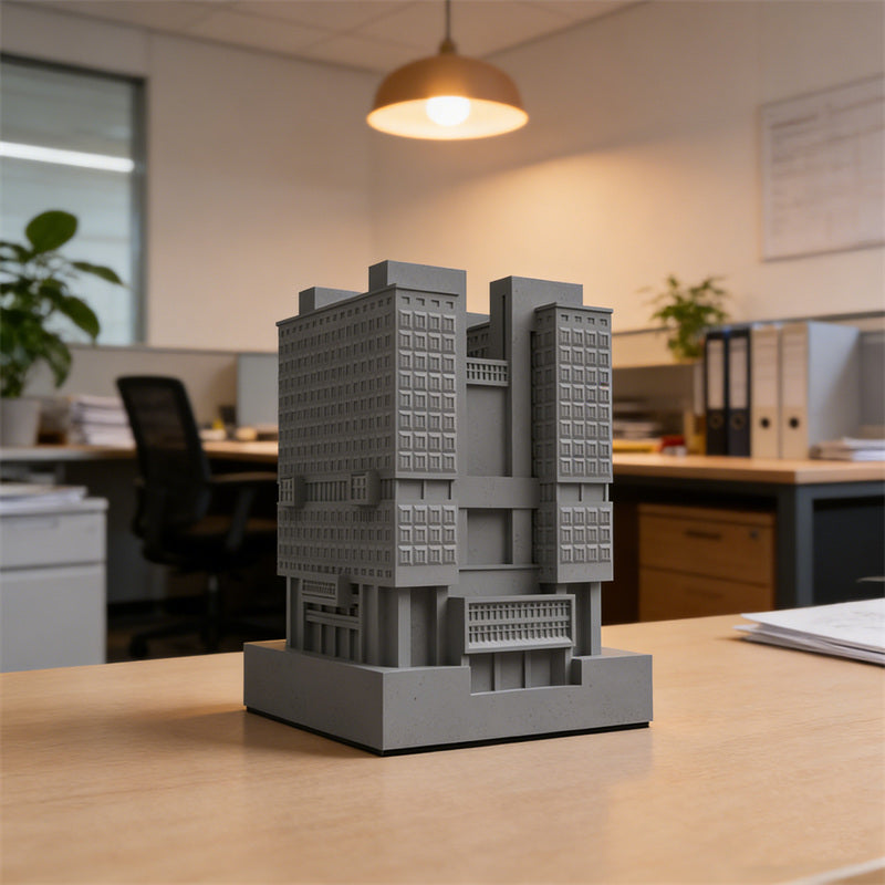 Architectural Building Pen Holder – Modern Office Desk Organizer in Gray & Red