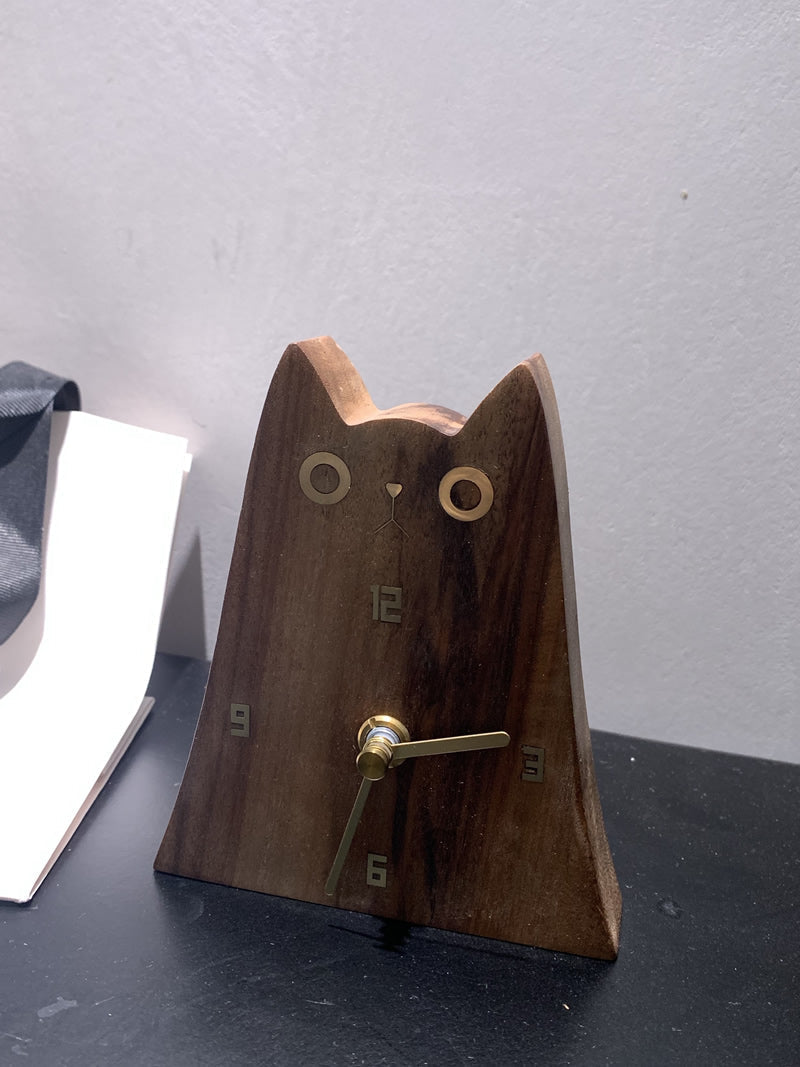 Wooden Cat - Shaped Table Clock, Minimalist Desk Clock with Brass Accents