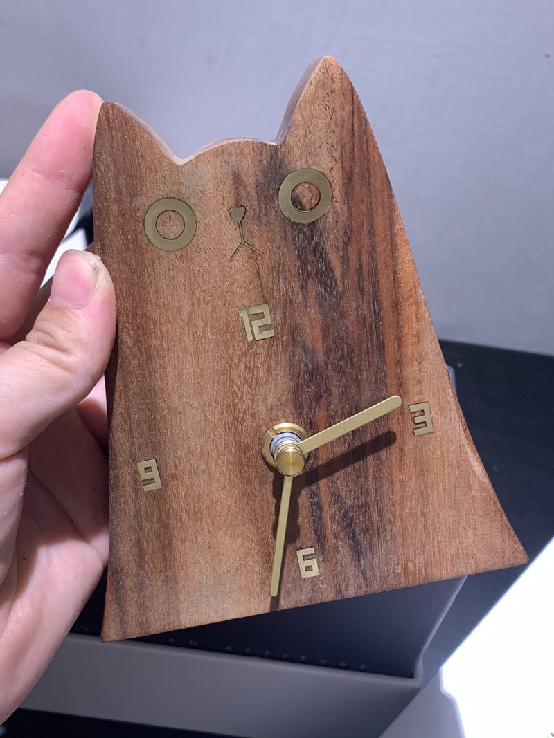 Wooden Cat - Shaped Table Clock, Minimalist Desk Clock with Brass Accents