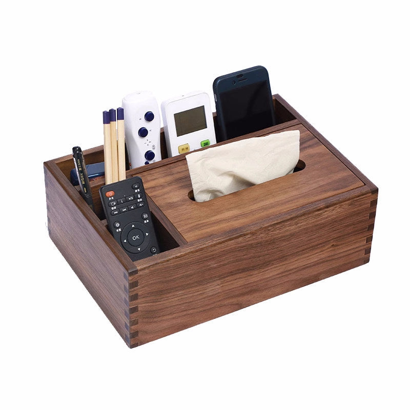 Walnut Wooden Tissue Box with Remote & Desk Organizer – Multi-Functional Storage Holder