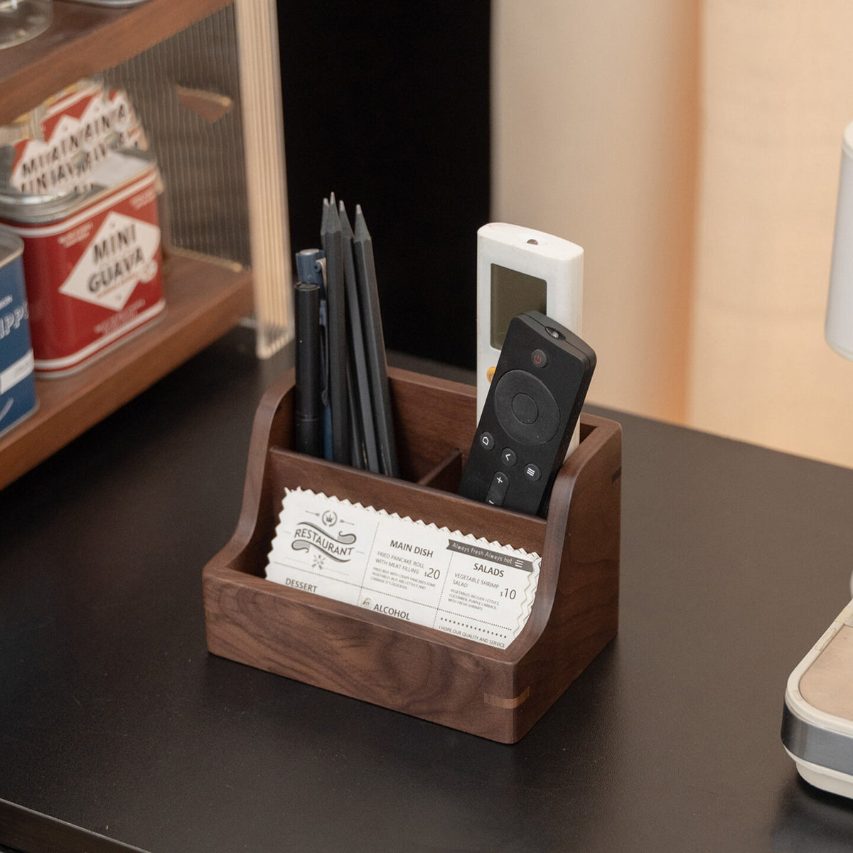 Black Walnut Wood Desktop Organizer & Remote Control Holder - Multi-Slot Pen Caddy & Cosmetics Storage Box