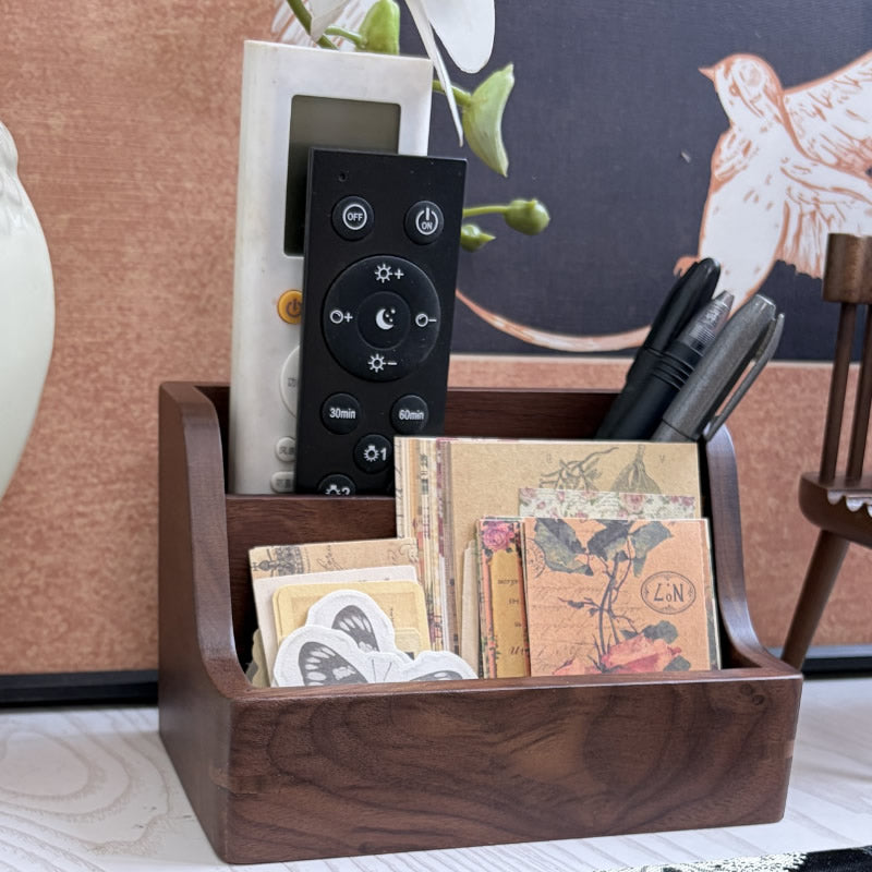 Black Walnut Wood Desktop Organizer & Remote Control Holder - Multi-Slot Pen Caddy & Cosmetics Storage Box