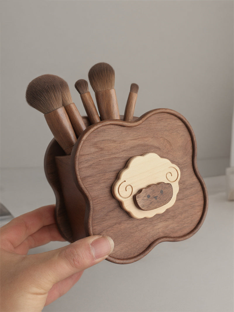 Black Walnut Wood Sheep Pen & Makeup Brush Holder - Aesthetic Vanity Flower-Shaped Desktop Organizer