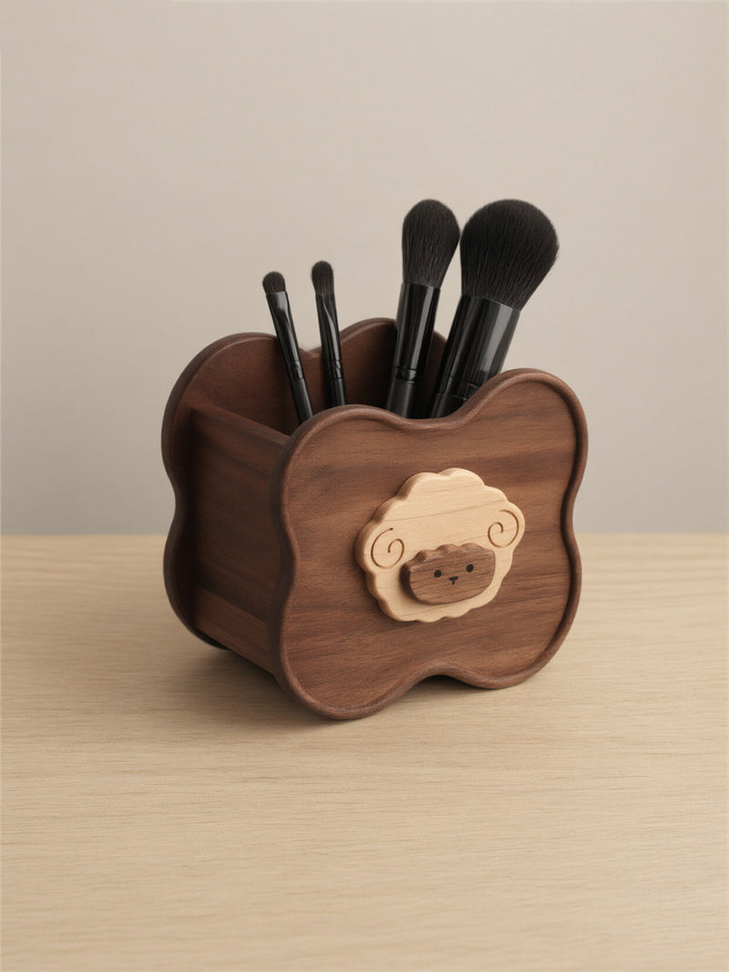 Black Walnut Wood Sheep Pen & Makeup Brush Holder - Aesthetic Vanity Flower-Shaped Desktop Organizer