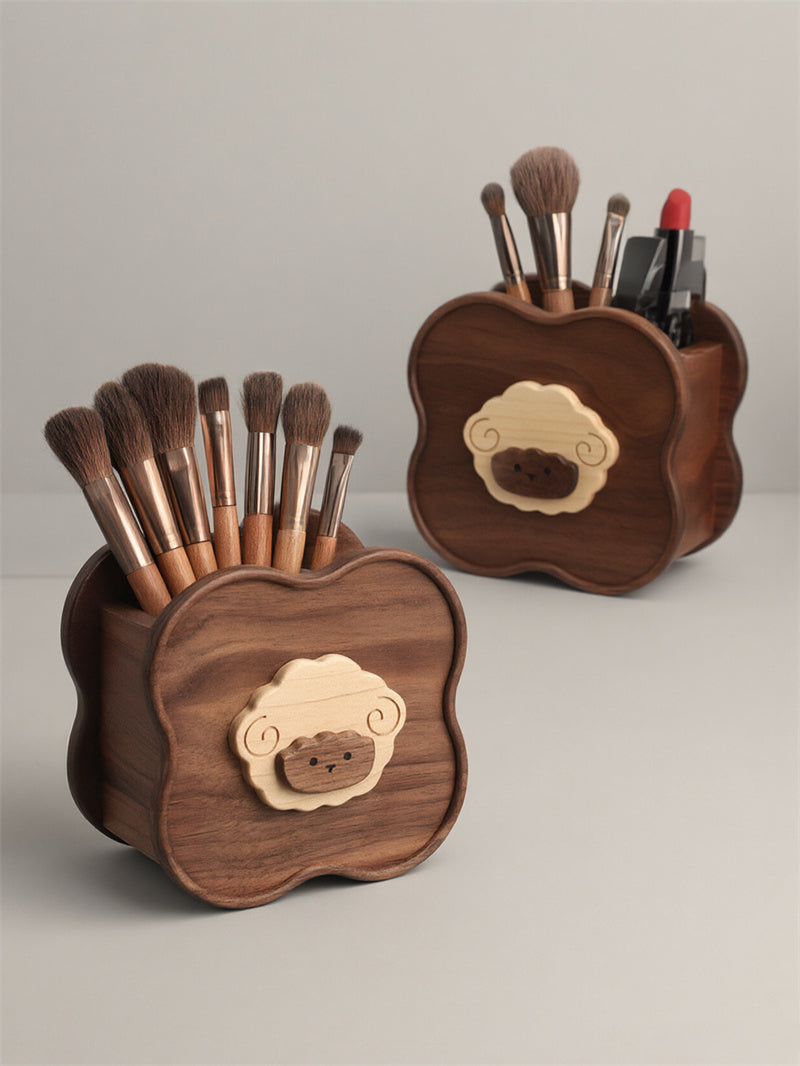 Black Walnut Wood Sheep Pen & Makeup Brush Holder - Aesthetic Vanity Flower-Shaped Desktop Organizer