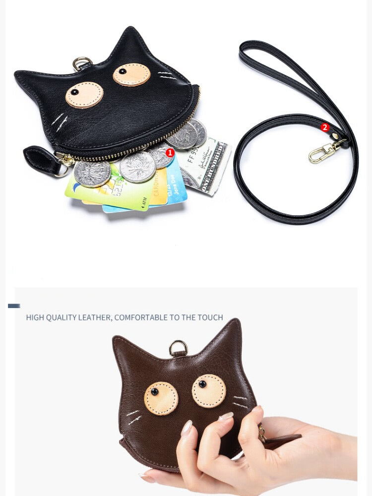 Cat-Shaped Genuine Leather Coin Purse with Detachable Lanyard
