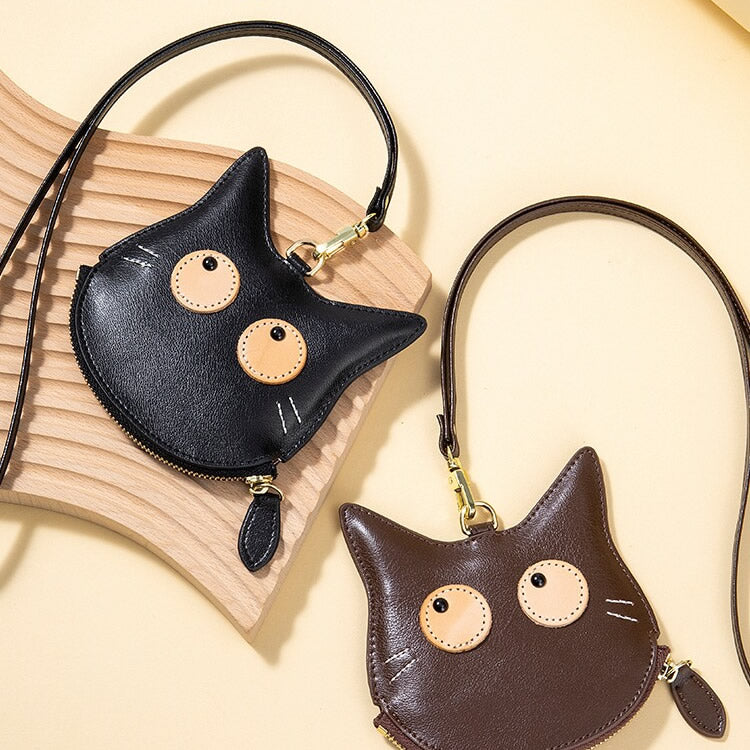 Cat-Shaped Genuine Leather Coin Purse with Detachable Lanyard