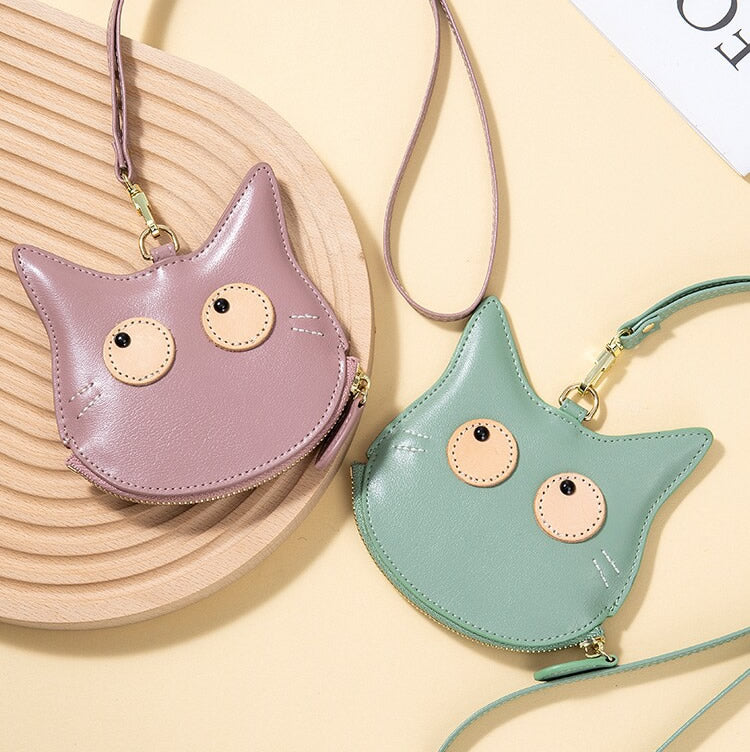 Cat-Shaped Genuine Leather Coin Purse with Detachable Lanyard