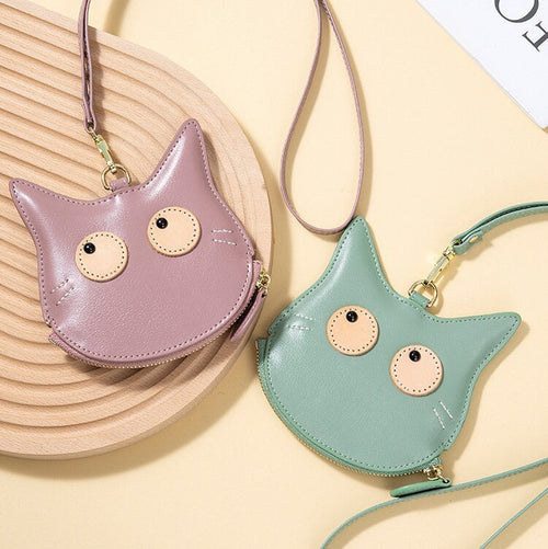 Cat-Shaped Genuine Leather Coin Purse with Detachable Lanyard