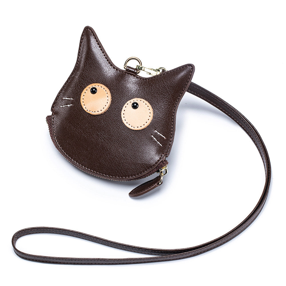 Cat-Shaped Genuine Leather Coin Purse with Detachable Lanyard