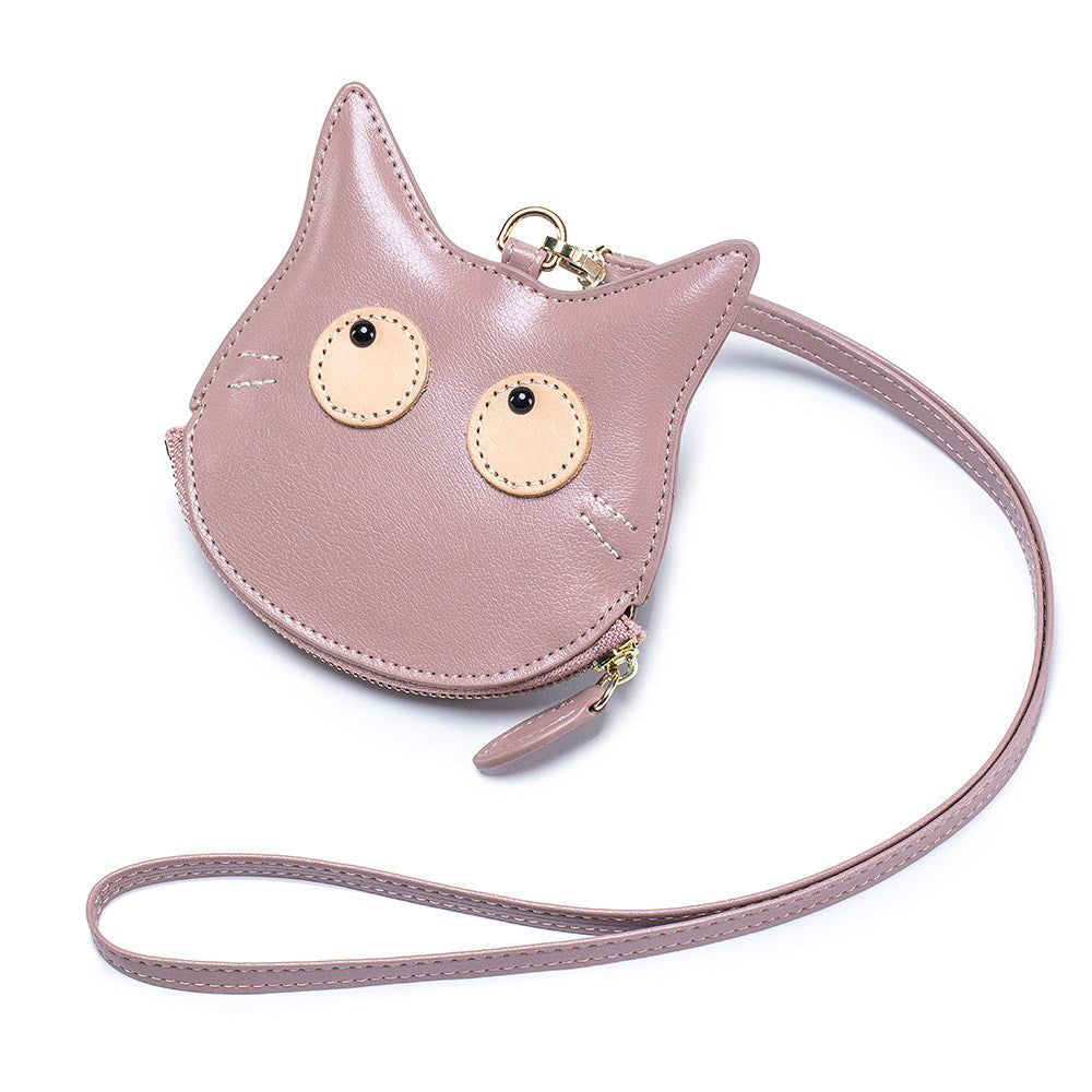 Cat-Shaped Genuine Leather Coin Purse with Detachable Lanyard