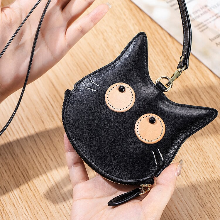 Cat-Shaped Genuine Leather Coin Purse with Detachable Lanyard