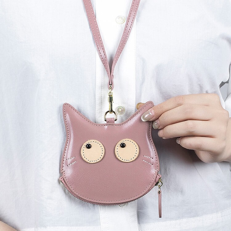 Cat-Shaped Genuine Leather Coin Purse with Detachable Lanyard