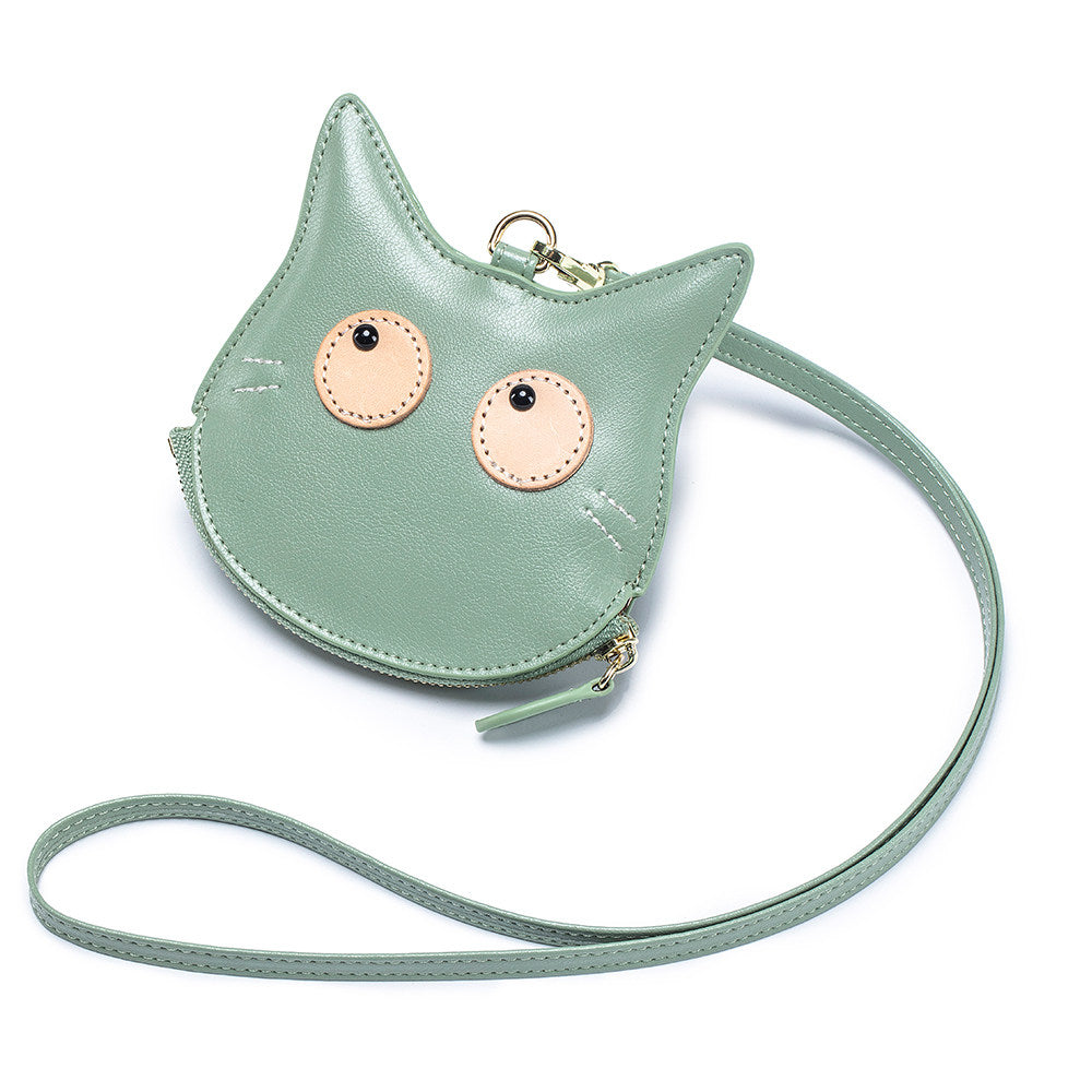Cat-Shaped Genuine Leather Coin Purse with Detachable Lanyard