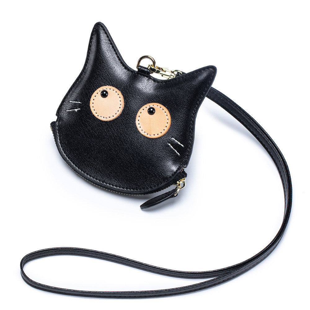 Cat-Shaped Genuine Leather Coin Purse with Detachable Lanyard