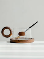 Ribbed Glass Coffee Mug with Wooden Handle and Coaster Set, Stylish Drinkware for Home
