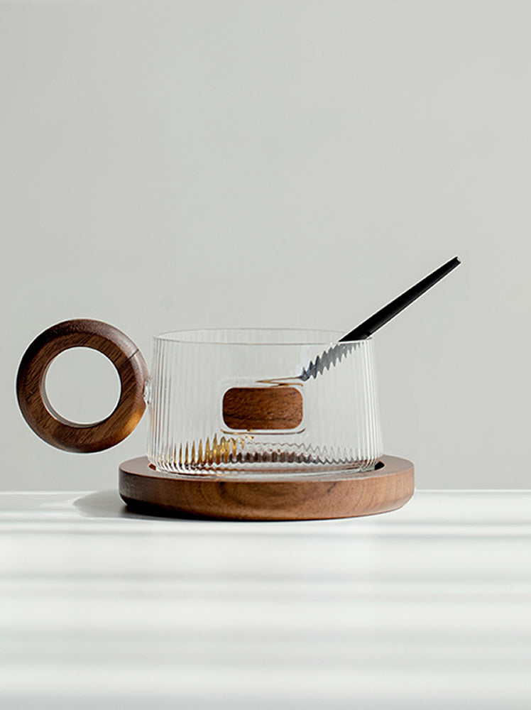 Ribbed Glass Coffee Mug with Wooden Handle and Coaster Set, Stylish Drinkware for Home