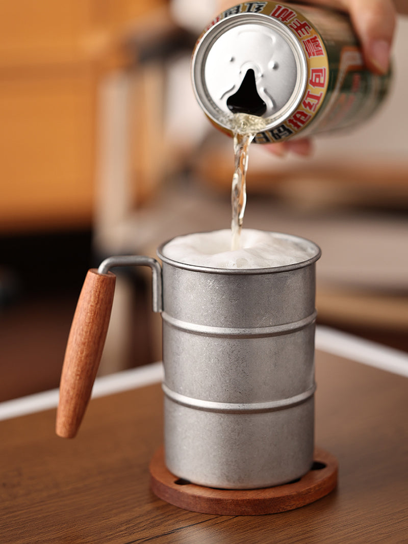 Metal and Wood Coffee Mug with Lid, Industrial - Style Drinkware