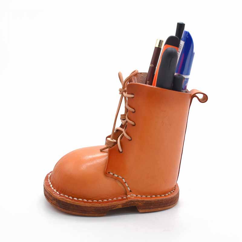 Cowhide Leather Boot - Shaped Pen Holder, Unique Desk Organizer