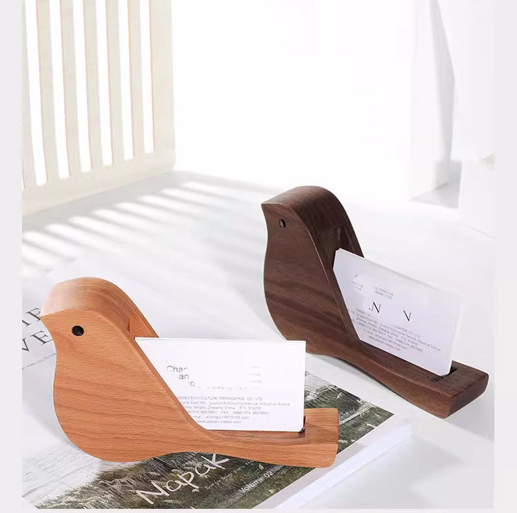 Wooden Bird - Shaped Business Card Holder, Decorative Desk Accessory