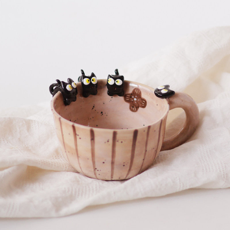 Cute 3D Black Cat Peeking Ceramic Coffee Mug with Sculpted Mini Black Cats - Whimsical Animal Tea Cup