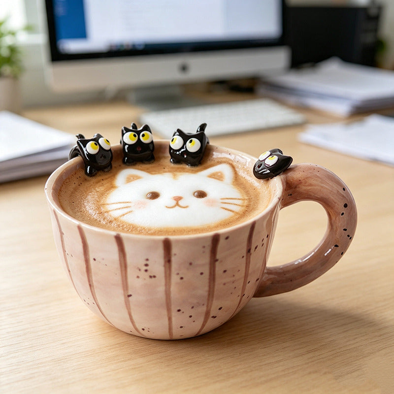 Cute 3D Black Cat Peeking Ceramic Coffee Mug with Sculpted Mini Black Cats - Whimsical Animal Tea Cup