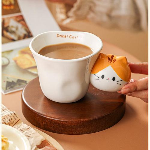 Cute 3D Cat Handle Ceramic Mug, Tabby Cat Coffee Cup, Whimsical Cat-Themed Tea Mug