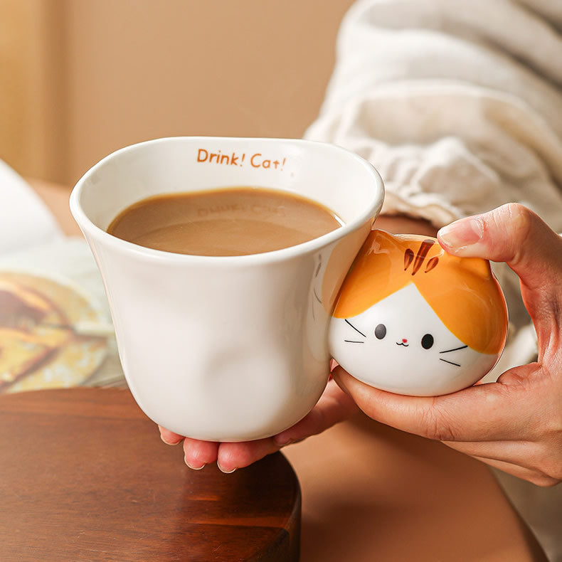 Cute 3D Cat Handle Ceramic Mug, Tabby Cat Coffee Cup, Whimsical Cat-Themed Tea Mug