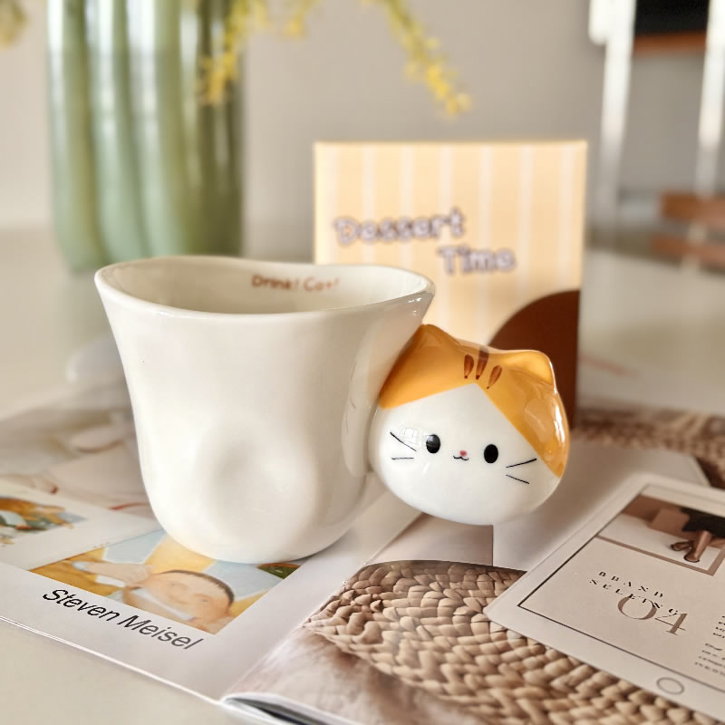 Cute 3D Cat Handle Ceramic Mug, Tabby Cat Coffee Cup, Whimsical Cat-Themed Tea Mug