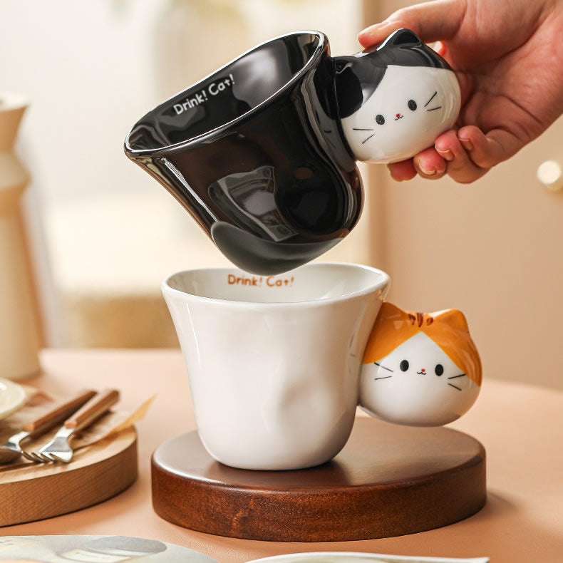 Cute 3D Cat Handle Ceramic Mug, Tabby Cat Coffee Cup, Whimsical Cat-Themed Tea Mug