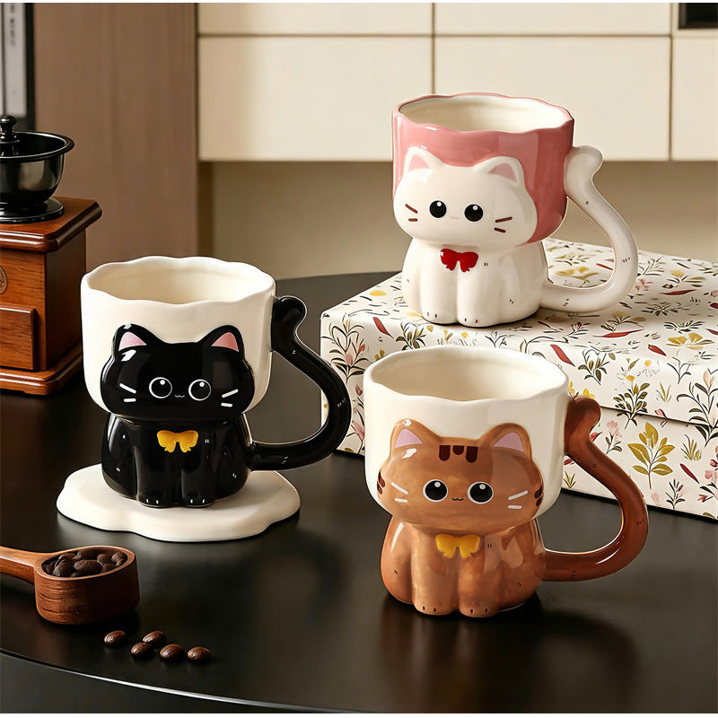 Cute 3D Cat-Shaped Ceramic Mug , Adorable Kitten Coffee Cup, Whimsical Large Capacity Milk Cup
