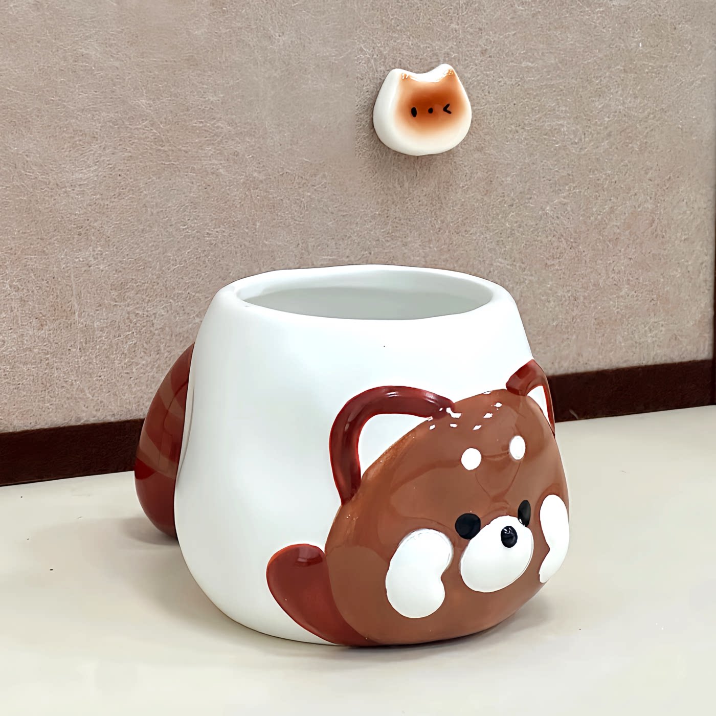 Cute 3D Lesser Panda Ceramic Mug, Raccoon Bear Face Coffee Cup with Striped Tail Handle