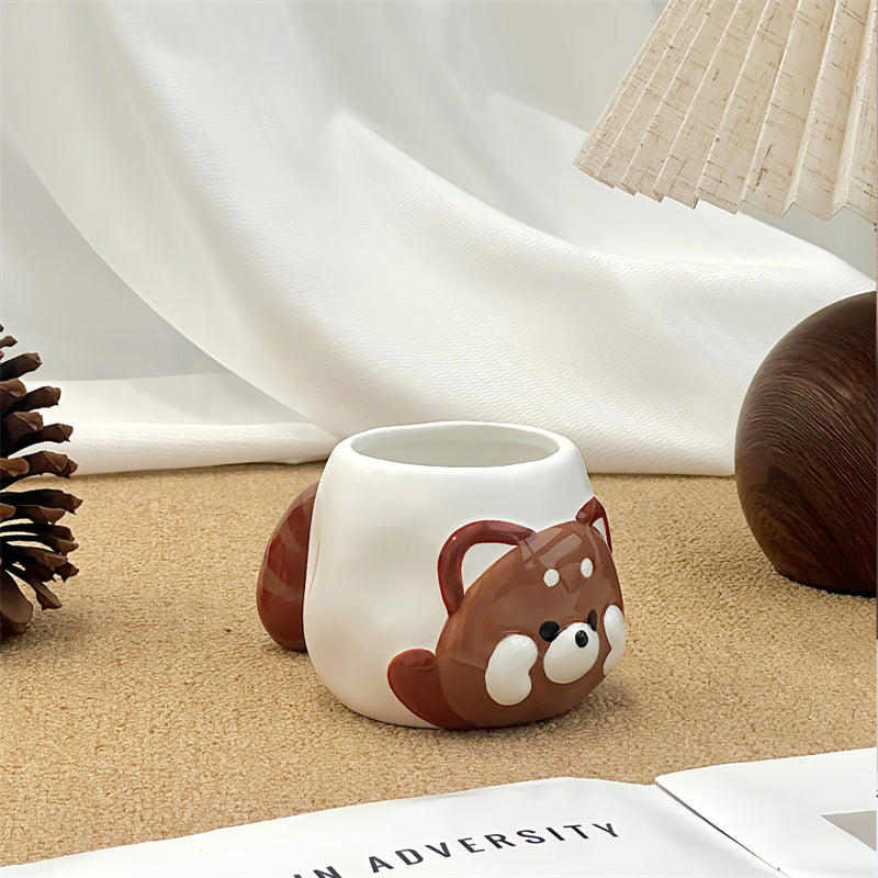 Cute 3D Lesser Panda Ceramic Mug, Raccoon Bear Face Coffee Cup with Striped Tail Handle