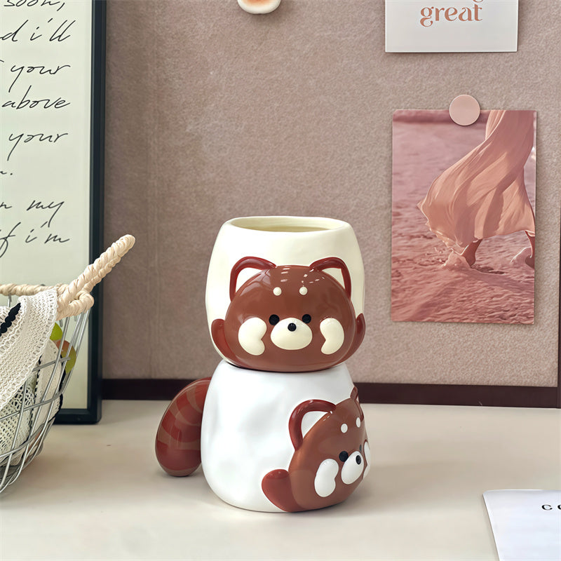Cute 3D Lesser Panda Ceramic Mug, Raccoon Bear Face Coffee Cup with Striped Tail Handle